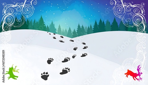 Snowy landscape with animal tracks leading to a distant mountain range under a starry night sky