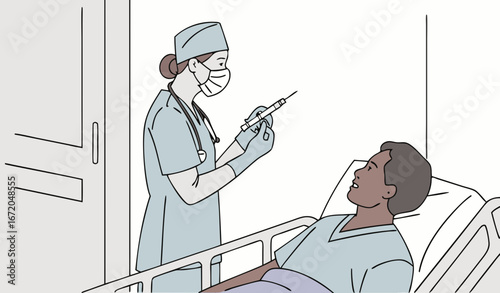 Healthcare professional in scrubs and mask standing beside patient lying on hospital bed. Doctor holding syringe, ready to provide medical care in clinical setting