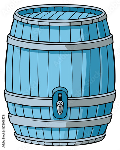 Light blue barrel with tap, wooden container for liquid storage cartoon illustration