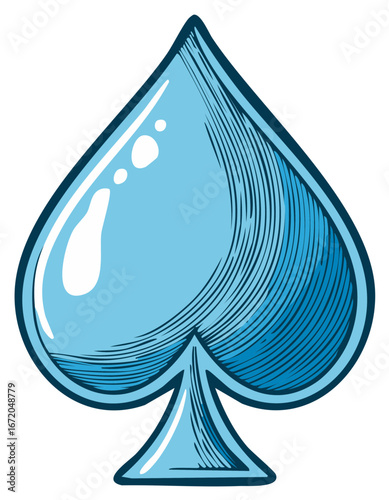 Blue spade symbol depicted as a water drop with glistening highlights and engraved texture