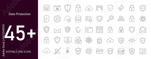 Data Protection icon set. Containing firewall, shield, password, encryption key, secure cloud, antivirus, fingerprint lock, VPN, data backup, privacy policy, and more. Editable line icons