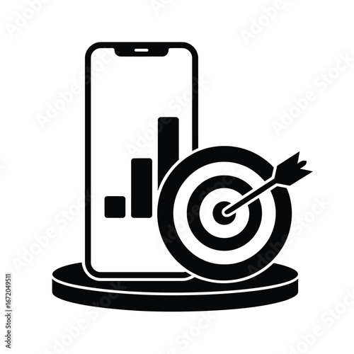 Mobile phone with growth chart and dart hitting target representing business success