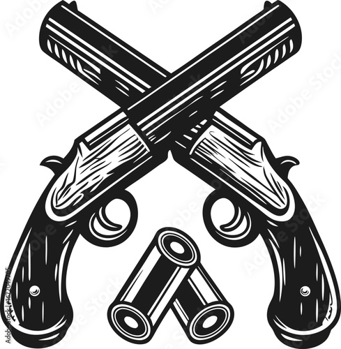 Crossed vintage shotguns with shotgun shells classic firearms illustration, hunting weapons, gunsmith symbol, retro
