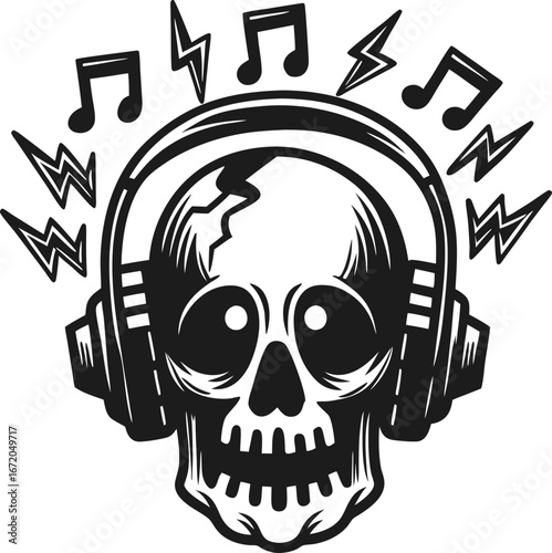 Skull with headphones listening to intense music cracked bone, lightning, musical notes, loud sound, edgy gothic