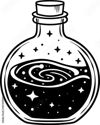 Magical potion bottle with swirling galaxy liquid, stars and cosmic elements inside fantasy alchemy, mystical elixir concept