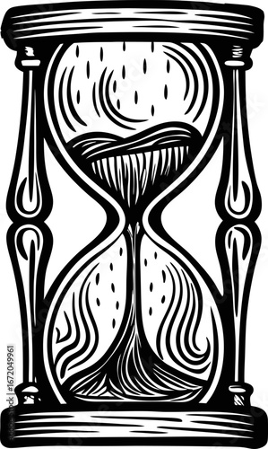 Classic hourglass isolated black and white illustration retro sand timer icon symbolizing time, countdown, and passing moments