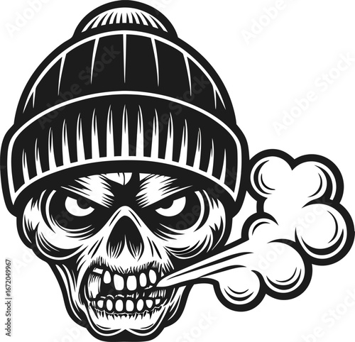 Aggressive skull with knit beanie exhaling vapor monochrome gangster bone illustration, rebellious attitude, street art