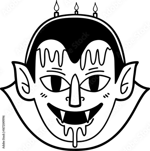 Dracula vampire face with melting candle wax, spooky icon halloween monster, horror fantasy creature illustration