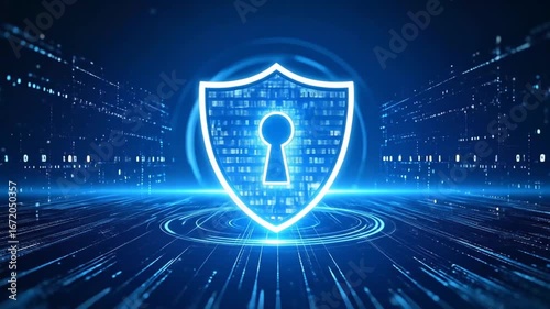 Digital Security Shield with Keyhole on Blue Tech Background