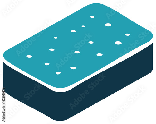 Isometric teal blue rectangular cleaning sponge or scrub pad with white textured spots
