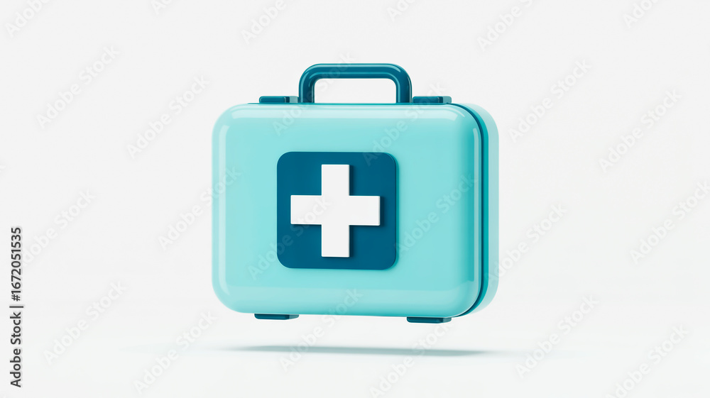 Fototapeta premium 3D translucent light blue first aid kit icon, glossy glass finish