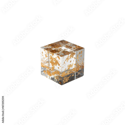 Clear, Gold-infused cube gleams on black. Use for product display, abstract design, presentation backgrounds.