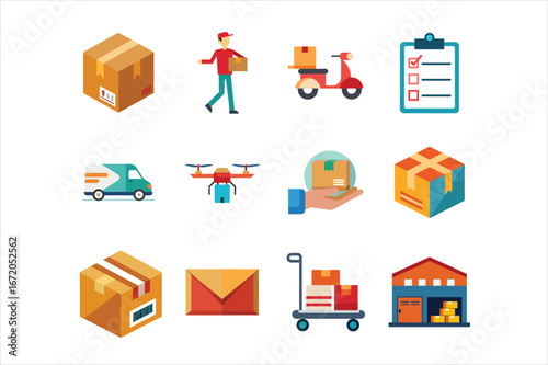 Diverse set of modern delivery and logistics icons showcasing shipping packages vehicles and services for online commerce