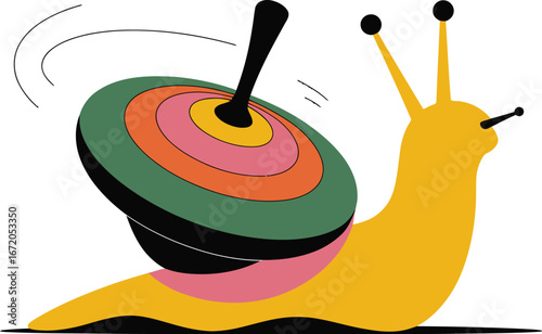 A spinning cartoon toy snail with a yellow shell on a white background