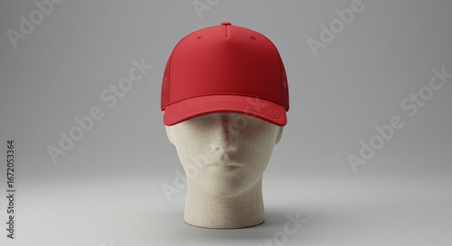 Red Trucker Hat Mock-Up on Mannequin Head Bust
