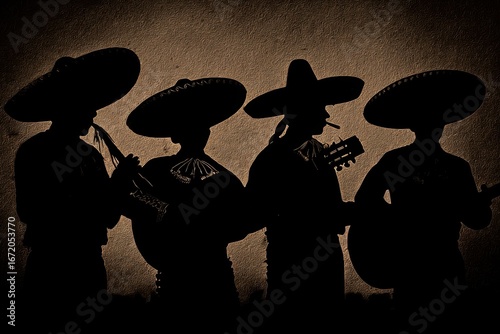 Sombrero Silhouette. Mexican Mariachi Folklore Dance with Guitar and Maracas