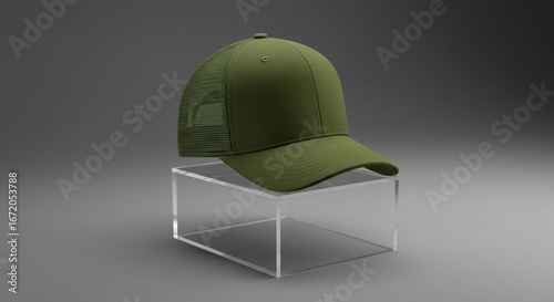 Olive Green Trucker Hat Mock-Up on Display Stand