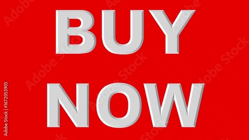 Dynamic 'BUY NOW' 3D text animation creates urgent call to action for retail sales and promotions.