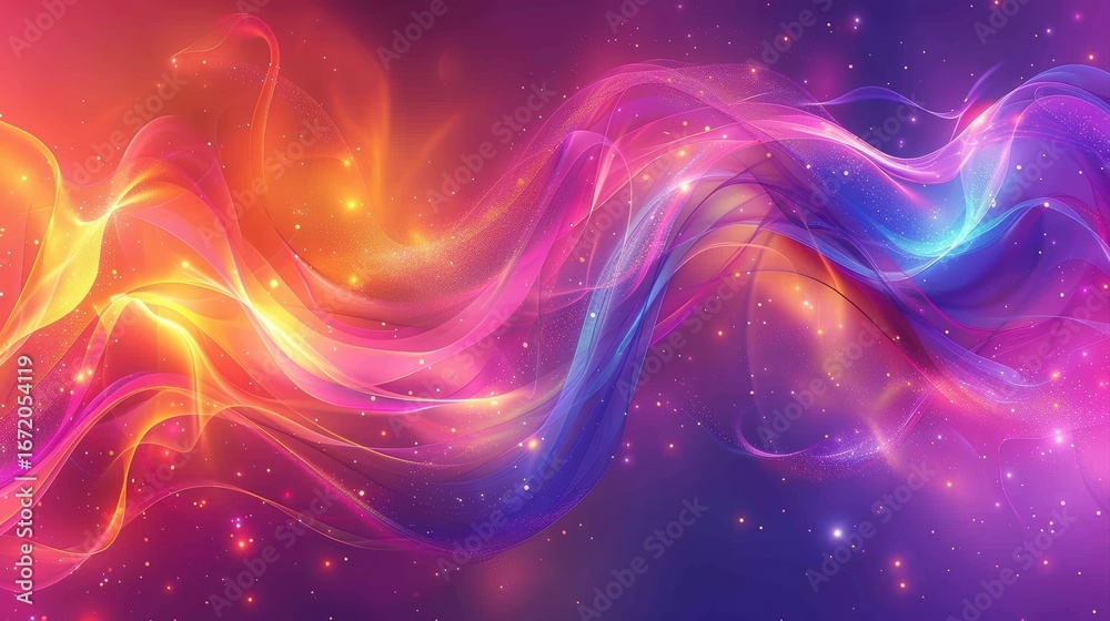 Fototapeta premium Colorful abstract waves with glowing light effects and starry background for creative design