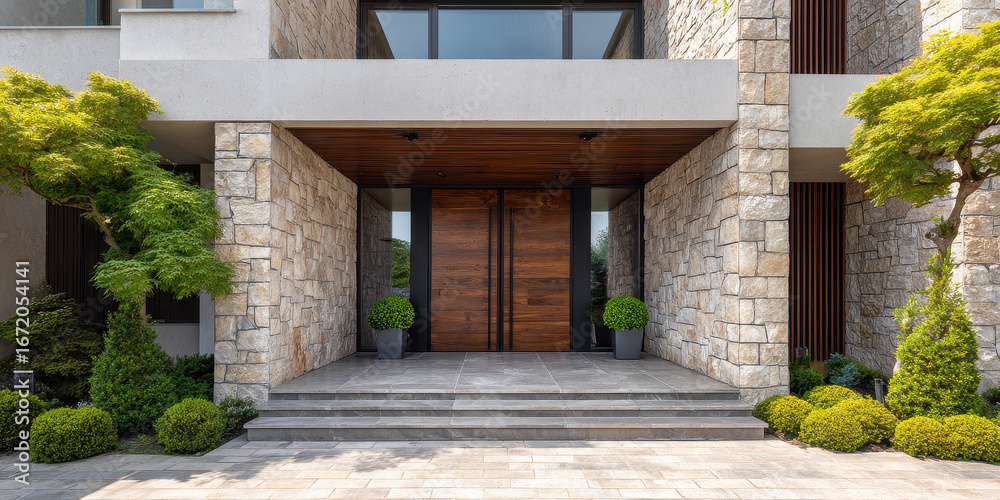 Fototapeta premium Elegant contemporary home entrance with natural stone and wooden doors
