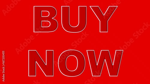Bold red 'BUY NOW' text with a white outline on a vibrant red background, a strong call to action for e-commerce and advertising.