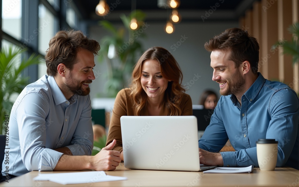 Fototapeta premium Diverse team of business professionals collaborating, discussing ideas in modern office space. Group works with laptop. Colleagues brainstorming strategies, achieving goals. Teamwork, communication,