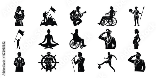 Collection of Black Silhouette People in Various Activities and Professions on White Background