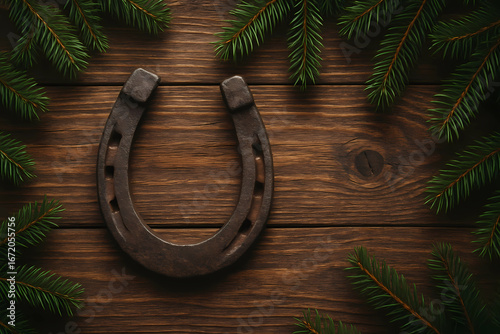 A horse's shoe lying on a wooden surface symbolizes good luck.