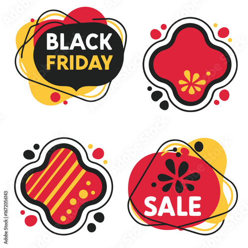Four abstract sale banners with black friday and sale text in red yellow and black colors theme design 100