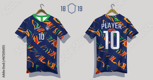 Vibrant blue soccer jersey with tropical leaf pattern