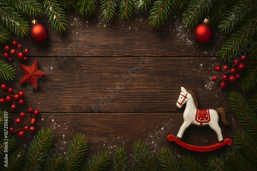 Christmas tree horse toy on wooden background. Stars, mountain ash and fir branches symbolize the New Year and Christmas holidays. Free space for text.
