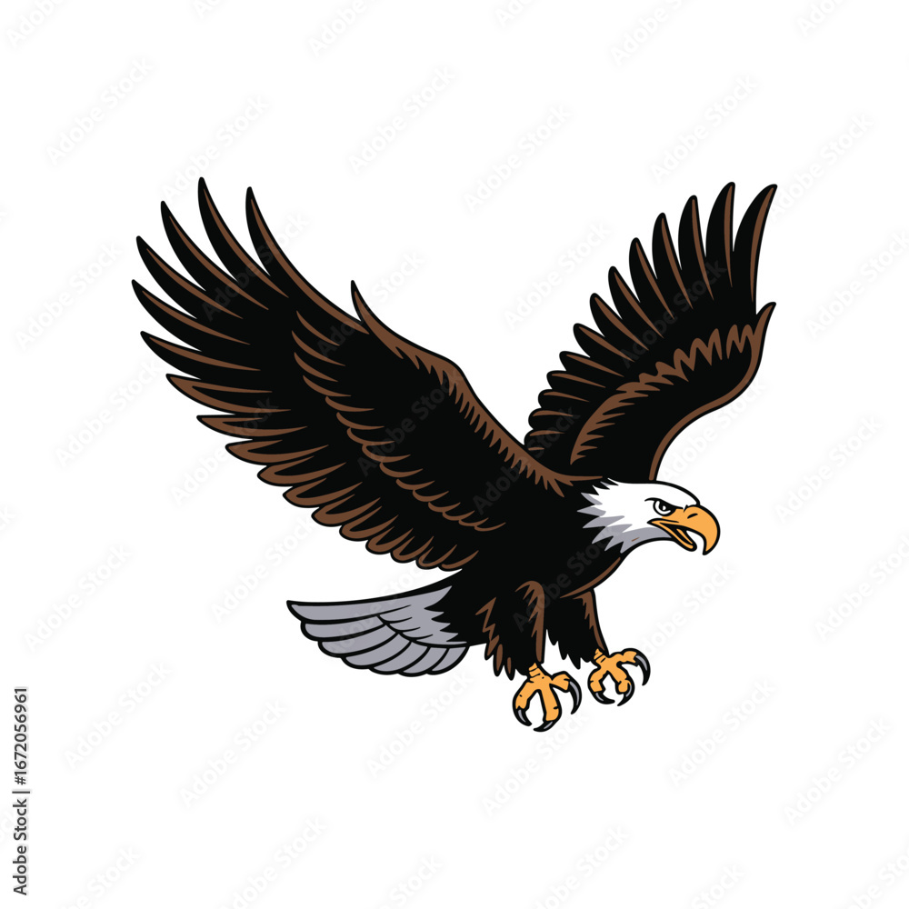 Obraz premium Flying eagle illustration with open wings, strong bird of prey symbol, freedom and power concept, patriotic wildlife design, hunting raptor vector artwork.