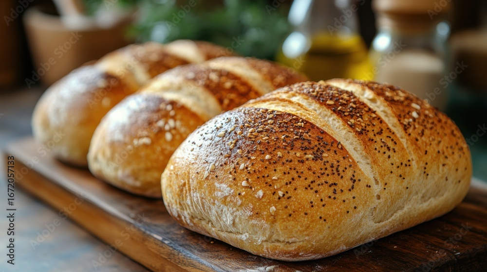 Three Seeded Bread Loaves on Wooden Board Three Seeded Bread Loaves on Wooden Board