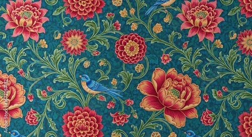 Ornate floral pattern with vibrant red and yellow flowers and bl