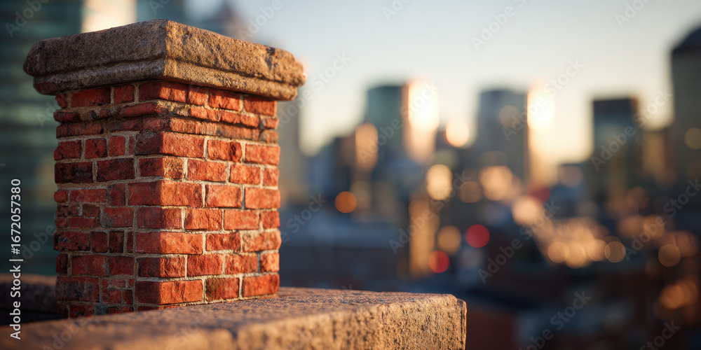 Naklejka premium Close-up of a brick chimney on a city rooftop at sunrise.