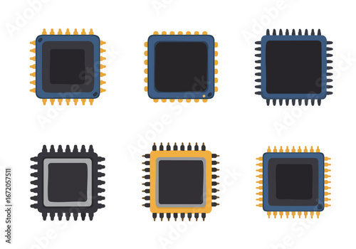 Collection of Six Stylized Computer Chips and Microprocessors, Featuring Diverse Pin Designs and Color Variations, Perfect for Technology, Computing, and Electronic Themes.