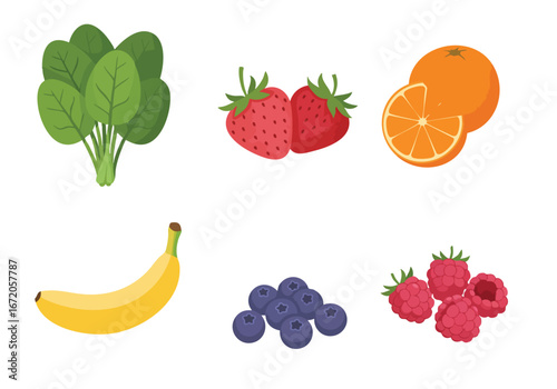 A collection of colorful and healthy fruits and vegetables including spinach, strawberries, oranges, banana, blueberries, and raspberries in a clean illustration style.