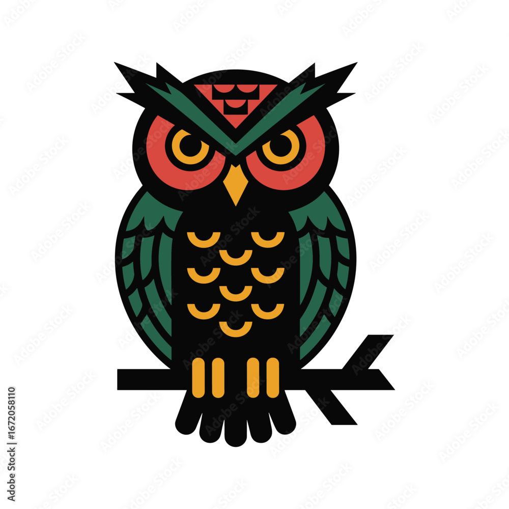 Fototapeta premium Colorful owl illustration sitting on branch, wise nocturnal bird vector design, symbol of knowledge, wisdom, mystery, nature, wildlife, education artwork.