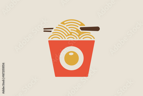 Illustration of noodles in a takeout container with chopsticks on a light beige background color scheme