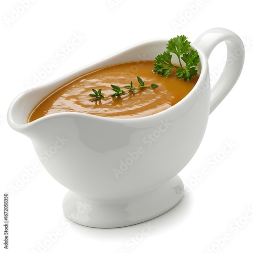 turkey gravy boat with fresh herb garnish, isolated on white background