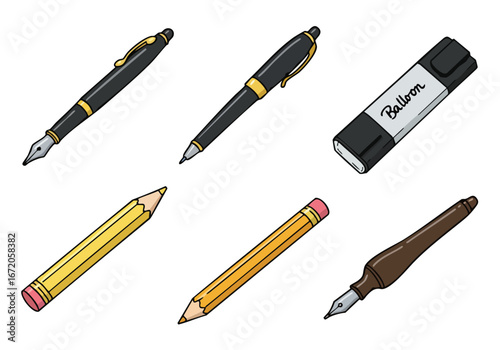 A collection of cartoon writing instruments including fountain pens, a ballpoint pen, a marker, and pencils, isolated on white background.