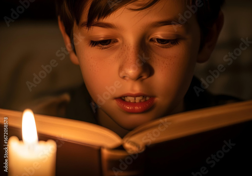 Cinematic Child Reading Book by Candlelight in Warm Glow