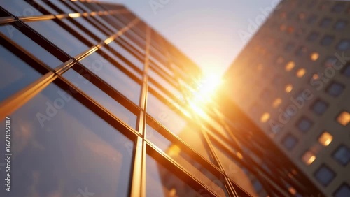 Sun flare over a glass skyscraper. A symbol of ambition, success, and a bright future in business. Use for motivational content or corporate branding