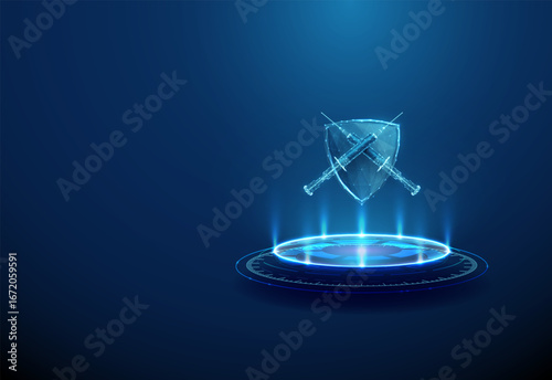 3d shield with crossed syringes on glowing podium. Medical protection, disease prevention, public health safety, healthcare defense, pharmaceutical industry concept.