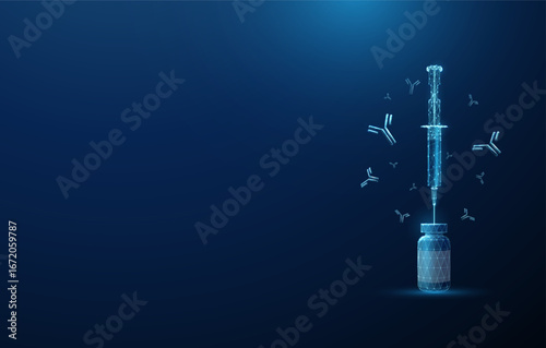 3D vial with syringe inserted through cap, antibodies flying around Vaccination, antibody-based therapy, viral defense, immunology research concept Low poly digital futuristic style, wireframe Vector.