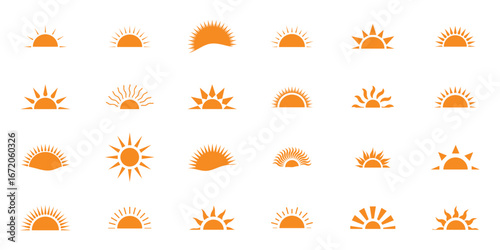 Sun rise set, sunset vector icons, sunburst rays collection