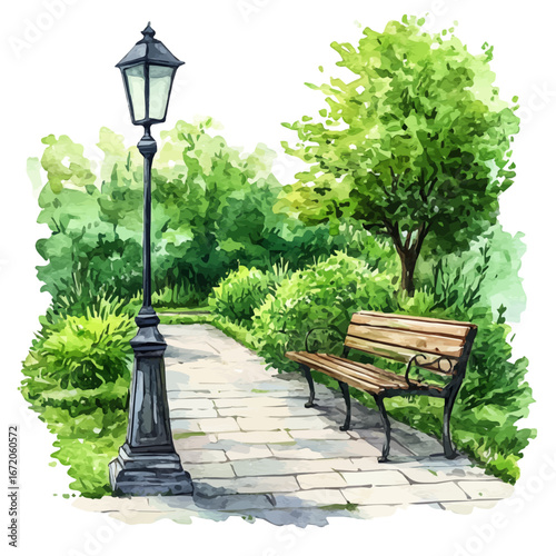 watercolor vector of Romantic Spring Park Walk, isolated on a white background.