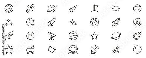 Space Exploration And Astronomy Line Icon Set. Celestial Bodies, Rockets, And Astronomical Instruments Outline Symbol Collection. Cosmic Adventure And Discovery. Isolated Vector Illustration
