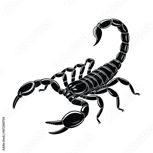 Detailed illustration of a black scorpion with raised tail and claws on a white background