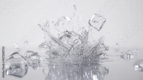 A Dynamic Splash of Water with Ice Cubes Creating Stunning Ripples and Droplets in a High-Speed Photography Setting on a Minimalist Background